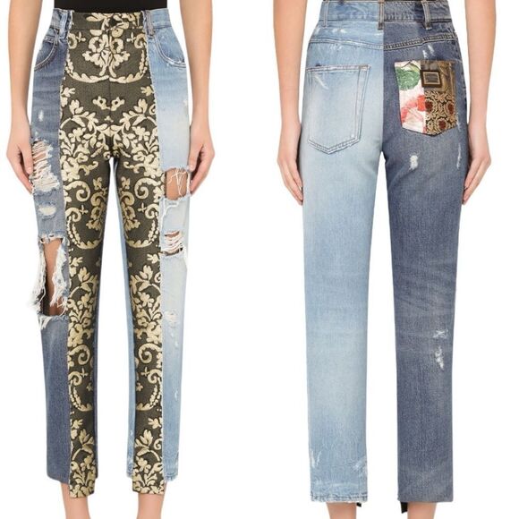 Dolce & Gabbana ~multi-distressed-brocade-relaxed-crop-jeans~missing brand patch - Picture 2 of 16
